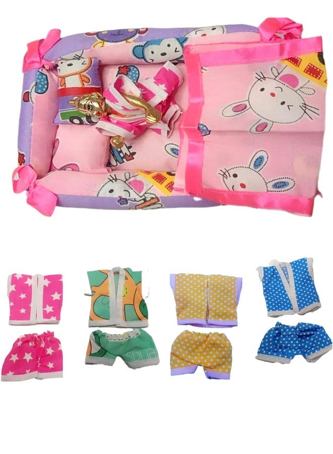 PARTISH Laddu Gopal Bed with 4 Night Suit, 2 Pillows, 1 Top Sheet, Cotton Summer Night Suit for Ladoo Gopal Dress Pant Shirt of Different Designs in Multicolor - Image 1